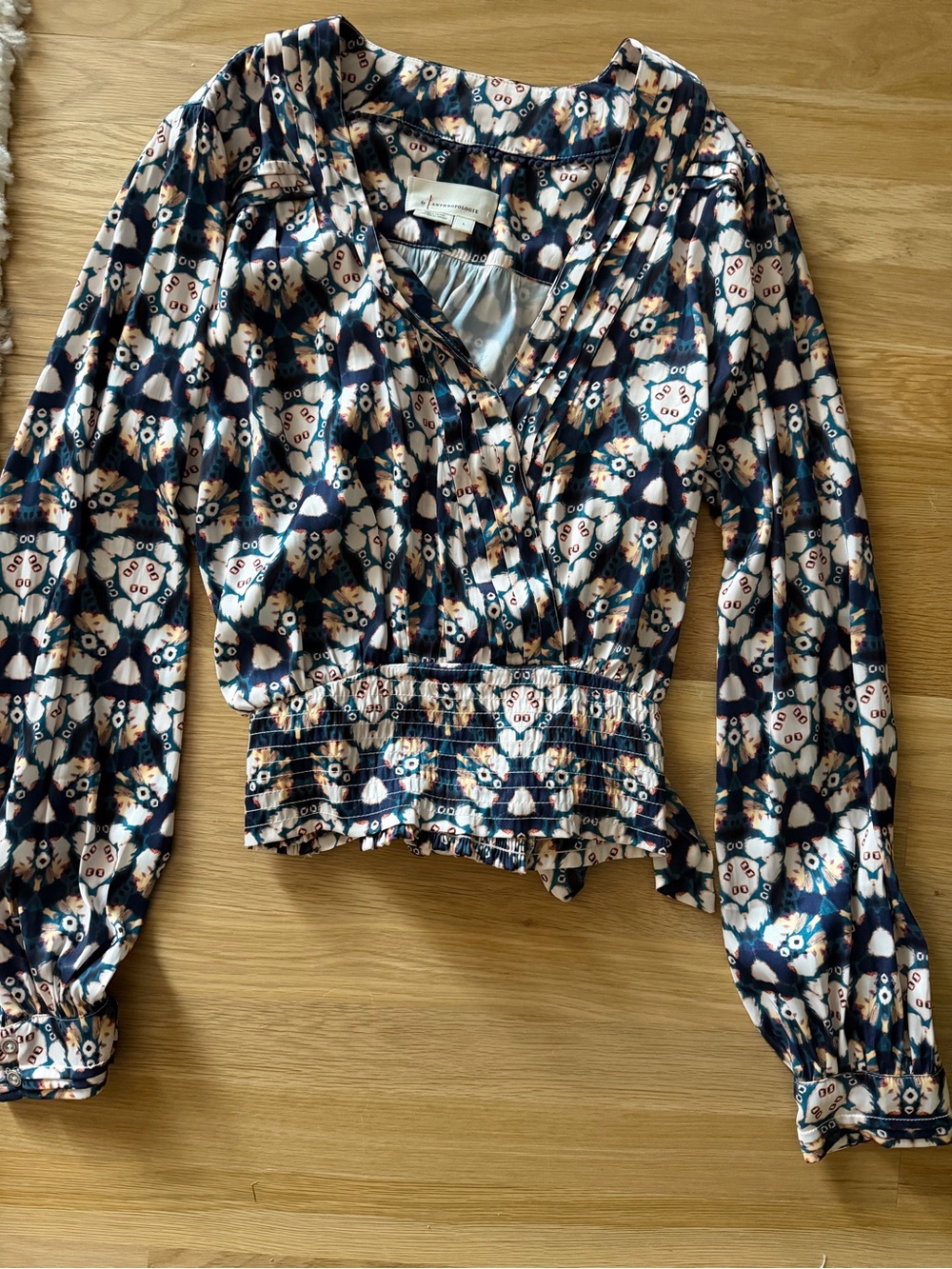 Anthropologie Navy, White & Tan Floral-Print V-Neck Smocked-Waist Blouse